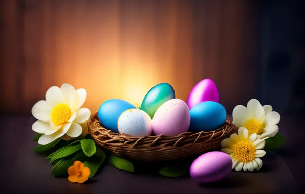 Flowers, bright, eggs, Easter, basket, colorful, eggs, neural network