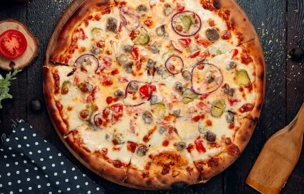Cheese, bow, meat, vegetables, pizza, tomatoes, tomatoes, pizza