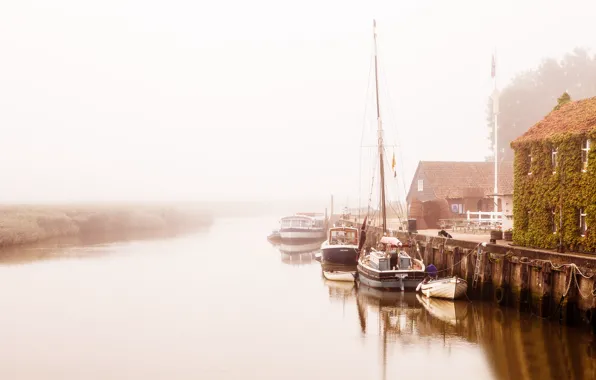 Picture fog, river, home, boats, morning, pier