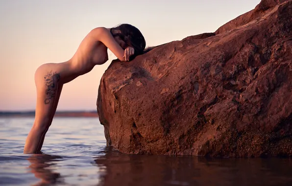 Sea, ass, chest, girl, sunset, pose, model, stone