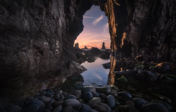 Sea, sunset, pebbles, stones, rocks, shore, arch, cave