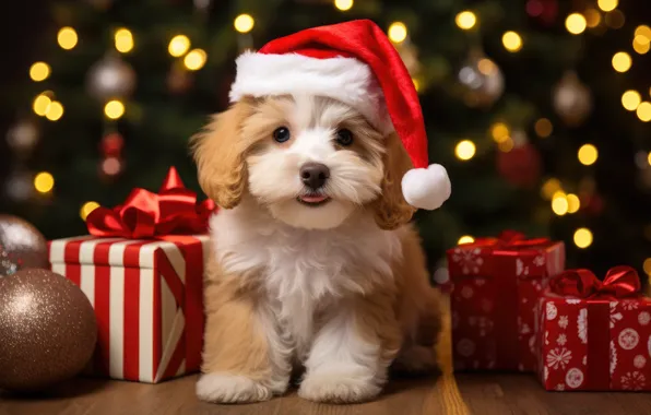 Dog, Christmas, New year, face, the Santa hat, AI art, neural network