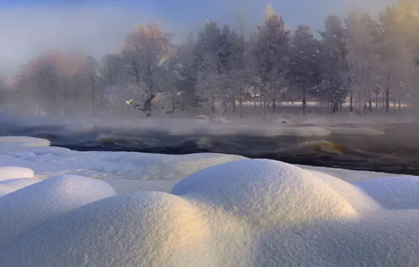 Winter, snow, trees, nature, river, Sweden, Sweden, Voxnan River