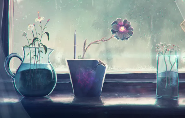 Flowers, glass, rain, window, art, sill, pitcher, pot