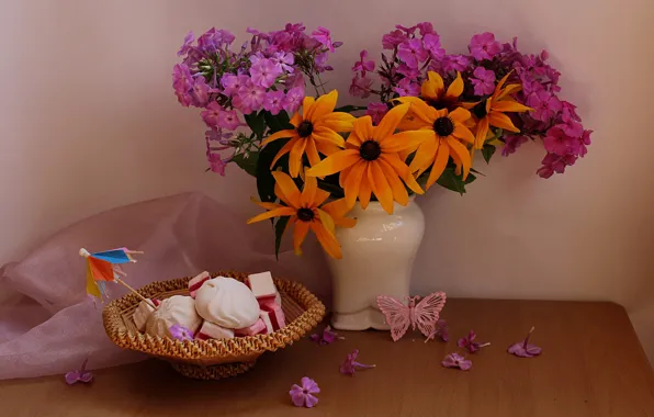 Picture flowers, bouquet, sweets, August, still life, Phlox, rudbeckia