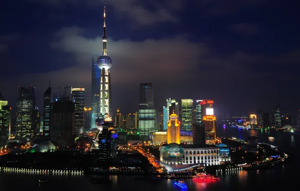 Night, lights, river, China, construction, home, yachts, China