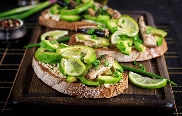 Cheese, bread, lime, sandwich, avocado, sprats, creamy, Timolina