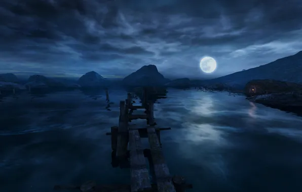 Picture Dear Esther, Dear Esther, night on the lake, Polnolunie