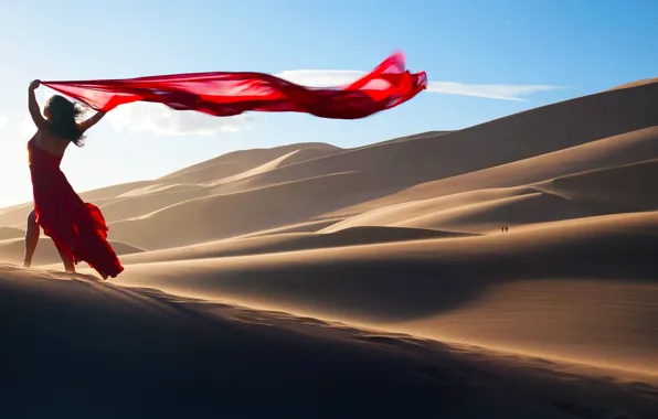 Sand, girl, the dunes, pose, mood, desert, red dress