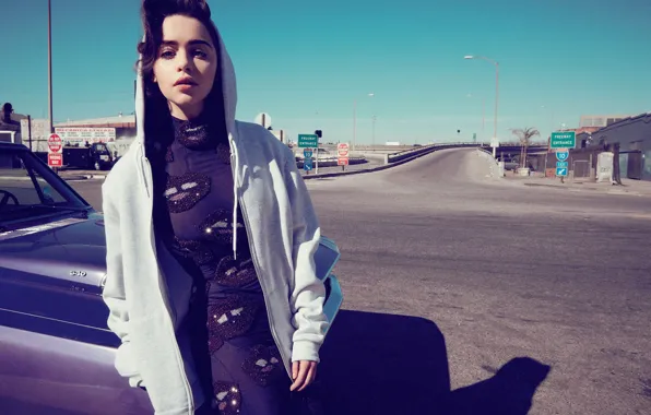 Road, street, dress, actress, brunette, hood, car, jacket