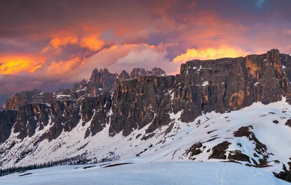 Winter, clouds, snow, sunset, mountains, rocks, tops, Alps
