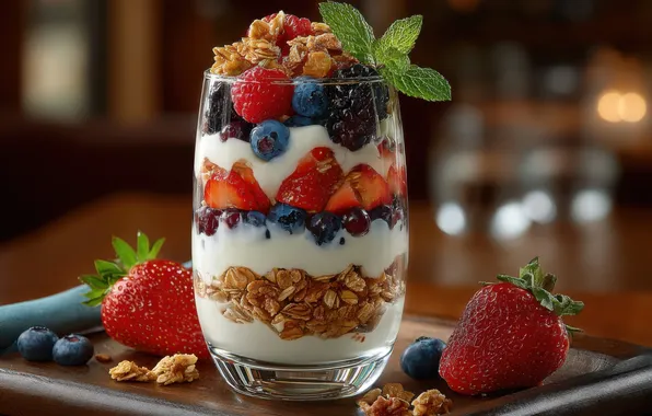 Berries, raspberry, glass, blueberries, strawberry, layers, different, dessert