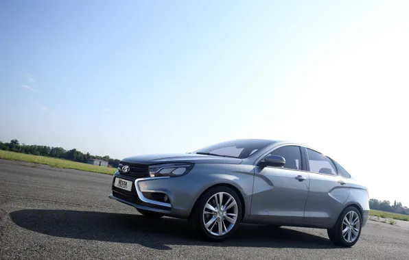 Road, car, sedan, silver, Lada, Lada, Vesta, Vesta