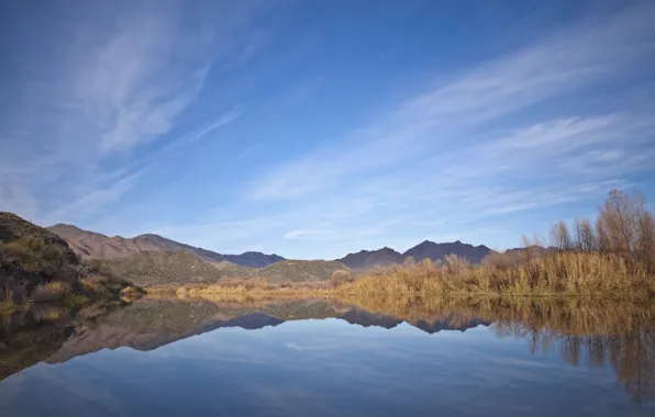Mountains, lake, reflection, hills, vegetation, mountains, lake, hills