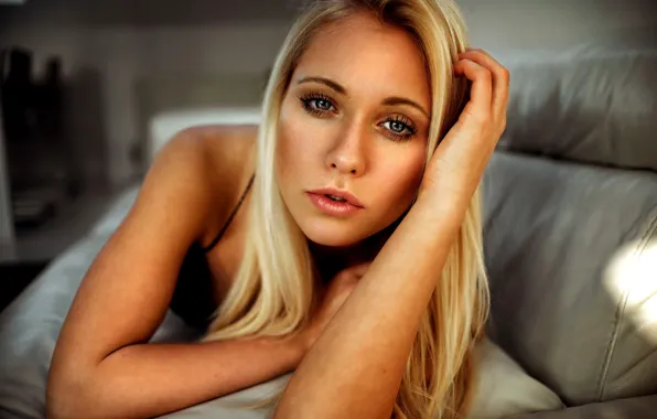 Look, model, portrait, makeup, hairstyle, blonde, lies, on the couch