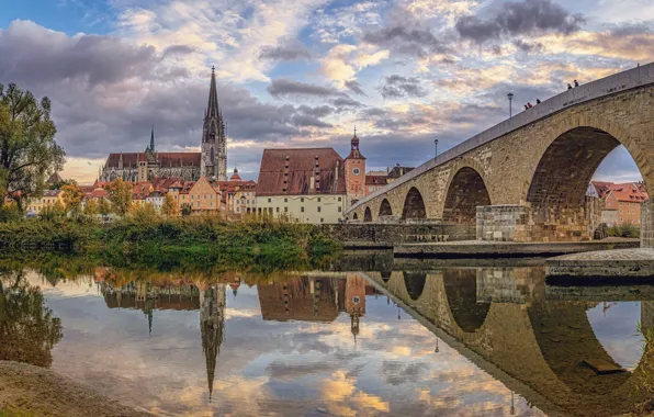 Bridge, reflection, river, building, home, Germany, Bayern, Germany
