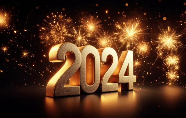 Picture salute, figures, New year, golden, numbers, New year, 2024, fieworks