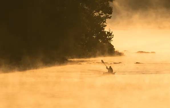 Fog, river, boat, people, morning