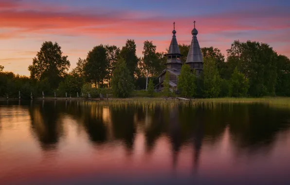 Trees, sunset, reflection, shore, Church, pond, wooden architecture