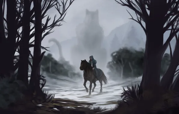 Picture look, water, trees, fog, horse, art, tail, silhouette. being