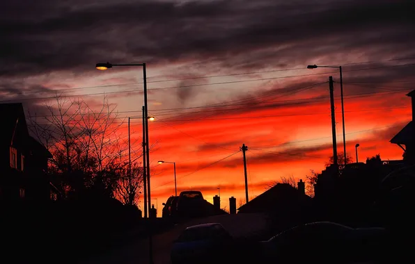 The sky, clouds, sunset, the city, street, lights, car