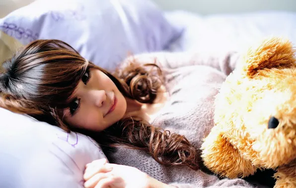 Girl, smile, toy, pillow, bear, bed, Asian, the sun's rays