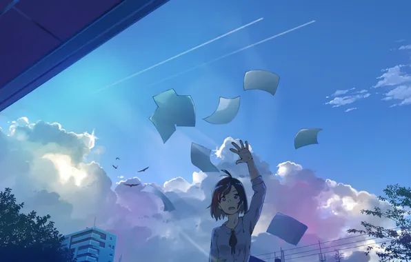 The sky, girl, birds, the city, leaves