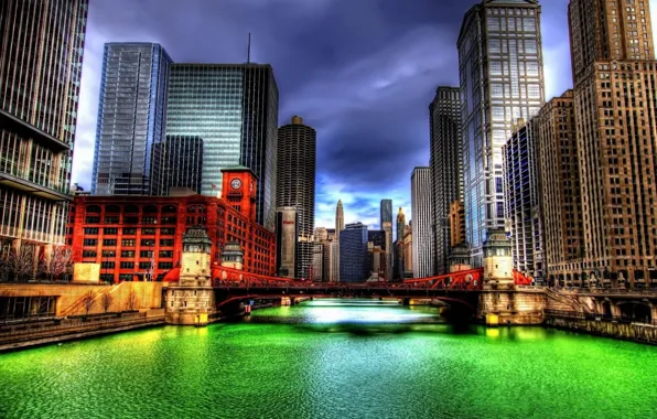 The sky, clouds, clouds, bridge, river, tower, skyscraper, home