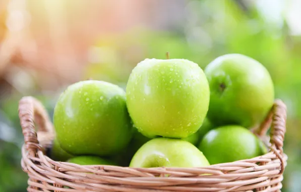 Drops, green, apples, food, fruit, basket, bokeh