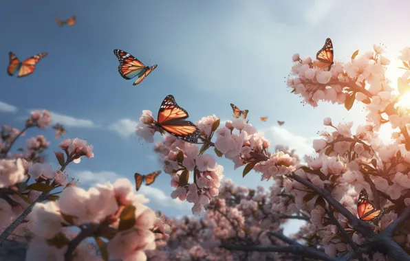 Light, butterfly, flowers, branches, butterfly, spring, pink, flowering