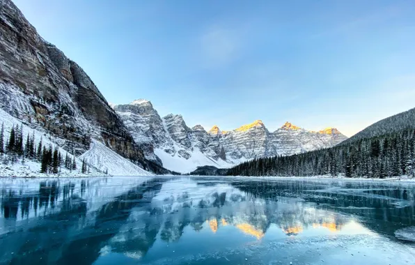 The sky, water, snow, mountains, lake, reflection, Canada, forest