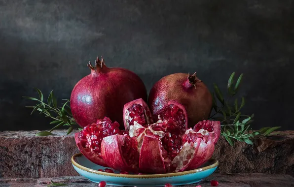 Still life, grenades, pomegranate grains