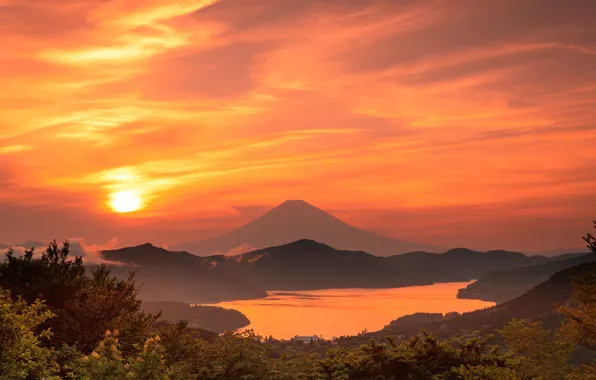 The sky, the sun, clouds, light, trees, landscape, sunset, mountains
