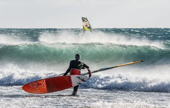 Picture sea, wave, the wind, Board, sail, Windsurfing