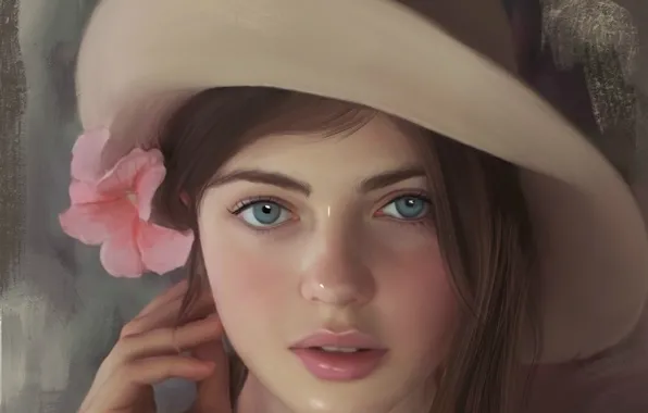Face, hand, blue eyes, in the hat, flower in hair, portrait of a girl