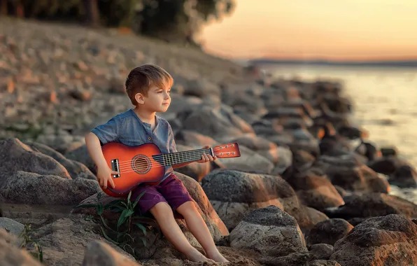 Nature, stones, shore, guitar, boy, guitarist, child, Victoria Dubrovskaya