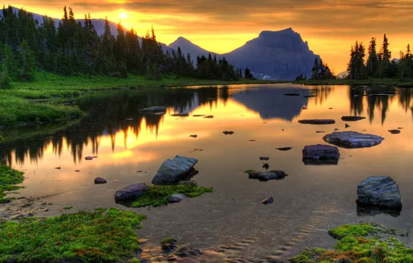 Picture forest, sunset, lake, stones, mountain