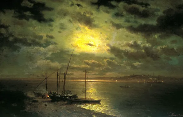 The sky, water, clouds, shore, picture, boats, painting, the fire