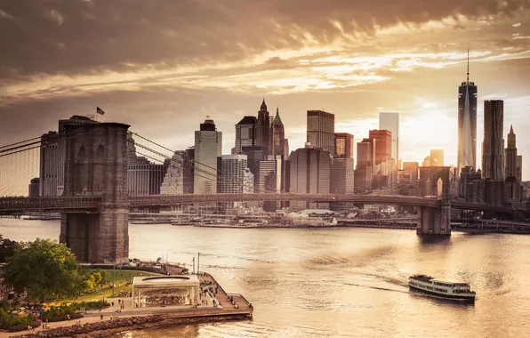 Bridge, river, people, promenade, skyscrapers