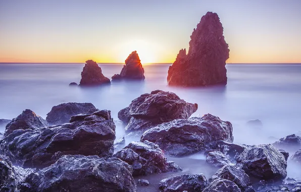 Sunset, the ocean, rocks, California, Rodeo Beach, Marin Headlands