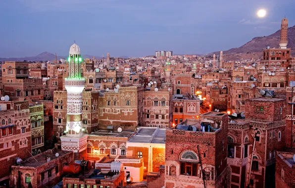 The sky, mountains, lights, the moon, home, the minaret, Yemen, Sana