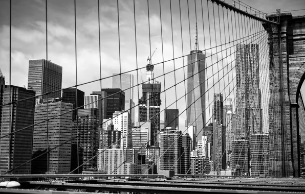 Building, black and white, Brooklyn, Manhattan, New York City, Brooklyn Bridge