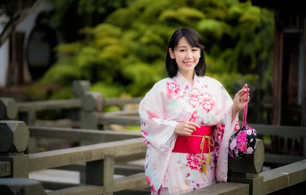 Picture girl, smile, kimono, Asian