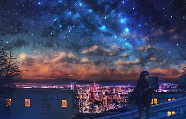 Girl, night, the city, Starfall