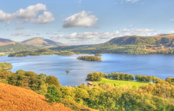 Autumn, forest, the sky, clouds, mountains, lake, hills, shore