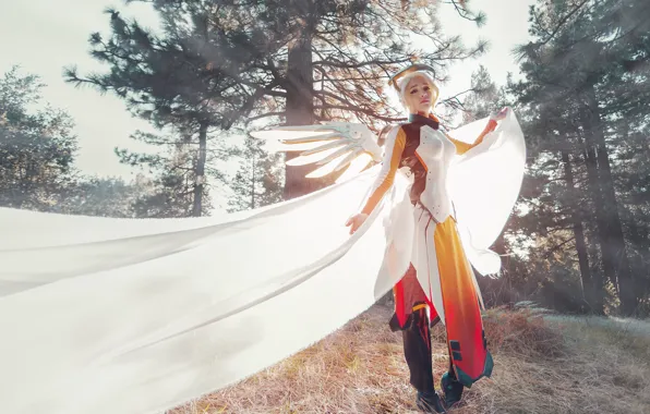 Picture girl, lights, cosplay, white fabric, Overwatch