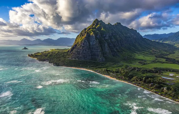 Sea, clouds, mountains, blue, rocks, shore, view, height