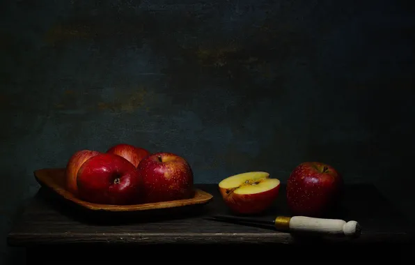 The dark background, table, apples, knife, red, fruit, still life