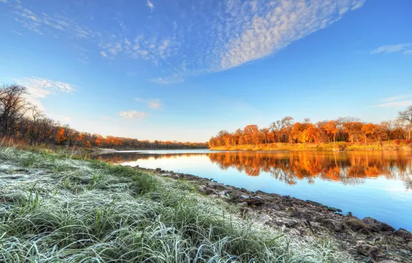 Frost, autumn, the sky, grass, trees, river, morning