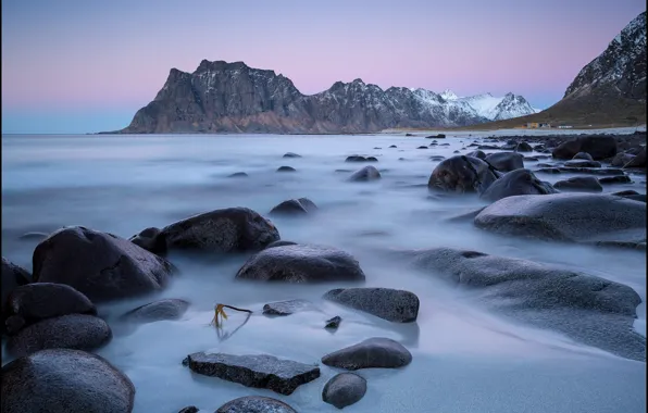 Sea, mountains, stones, coast, Norway, Norway, Lofoten, Utakleiv